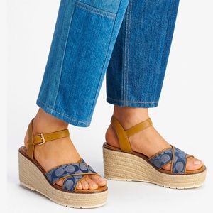 Coach Blue Signature Canvas and Tan Leather Wedge Sandals